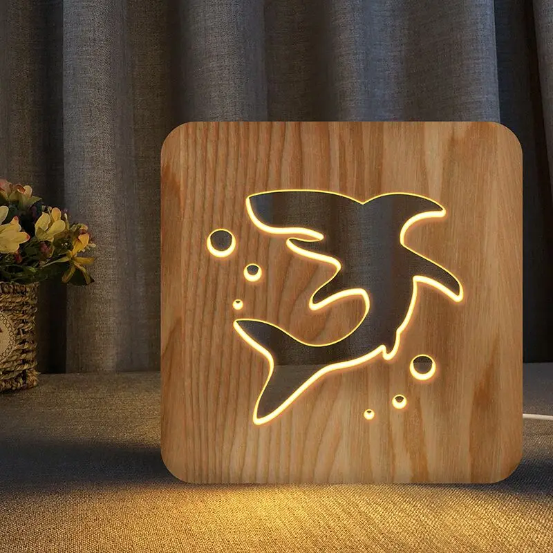 

USB LED Wooden lamp LED Table Light Switch Control Wood Carving animal baby shark Light for Child kids Room new year Xmas gifts