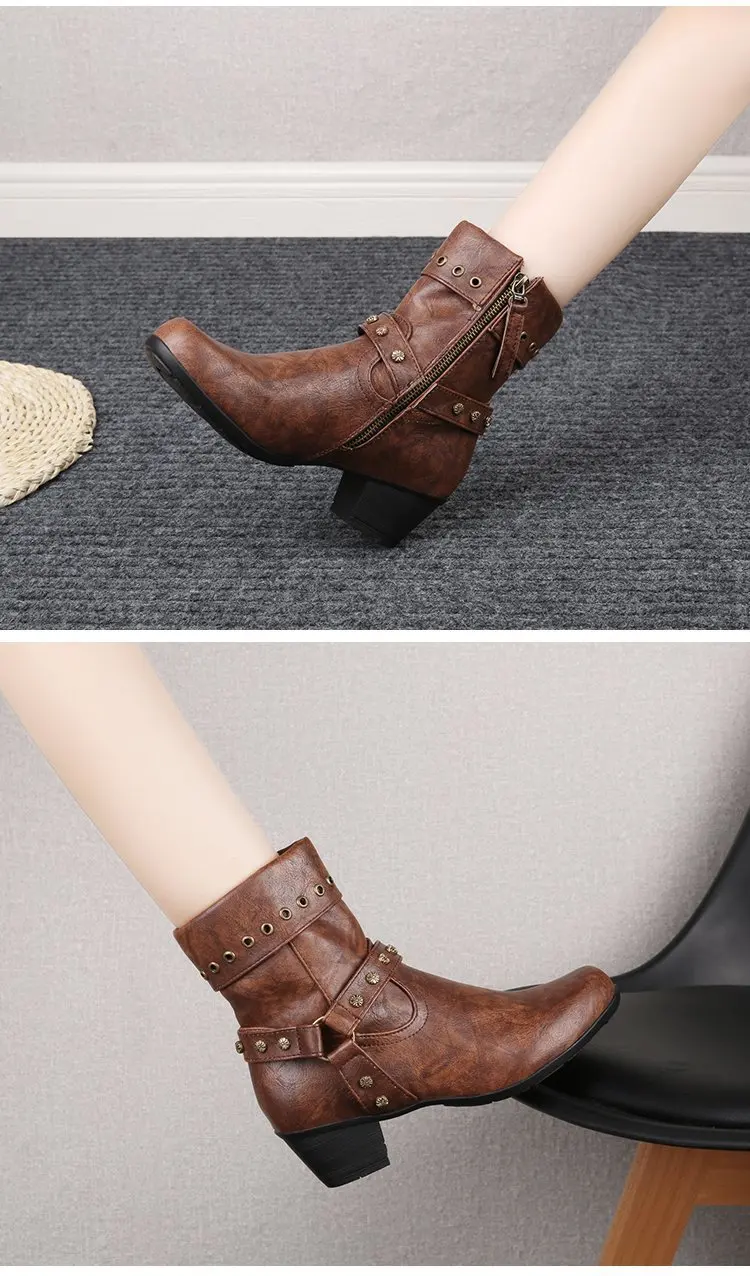 New Autumn Winter Women's Boots Street Handmade Round Head Thick Heel Side Zipper Tube Undefinedtrend Trend Work Rivet Boots2020