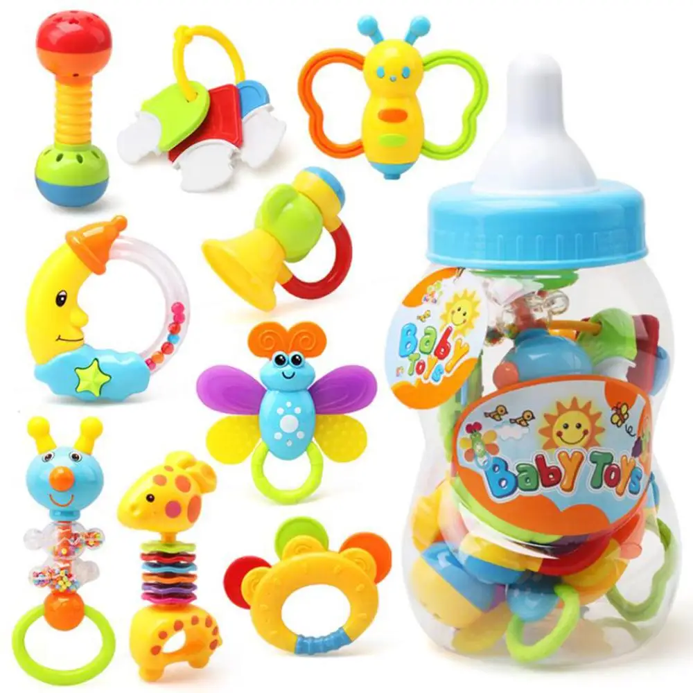 

9PCs Baby Toy Set Rattle Teether Shaking bell with Nursing Bottle Educational Toys Rattle Accessories for Infants Toddlers Baby
