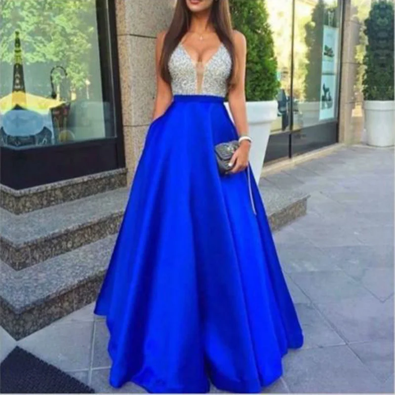 blue BacklakeGirls, расшитое бисером и блестками, Vestido Largo Noche, сексуальное атласное вечернее платье без рукавов с v-образным вырезом, глубокий v-образный вырез, длина до пола - Цвет: blue