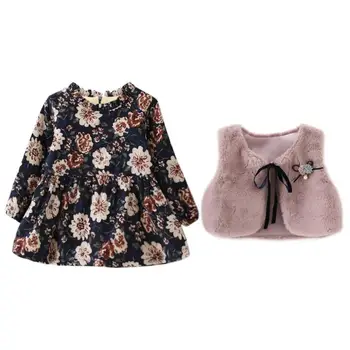 

Trendy Autumn Clothes Set Baby Kid Girls Autumn Long Sleeve Flower Printing Ruffled Comfortable Dresses Solid Fleece Vest Outwea