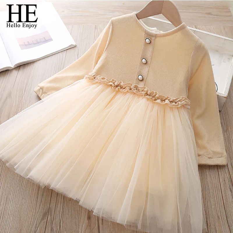 HE Hello Enjoy/ г. Осенне-зимнее бархатное платье принцессы с длинными рукавами для девочек теплое Сетчатое платье принцессы детская одежда