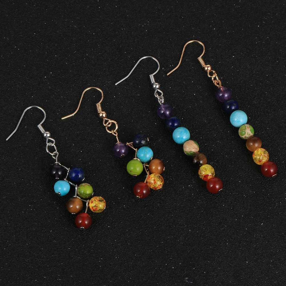 Women Natural Stone 7 Chakras Beads Dangling Earring Healing Reiki Asymmetric Chip Gravel Pierced Earrings Hoops Hanging Jewelry