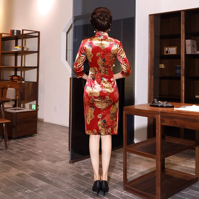 XL элегантный Улучшенный модный короткий рукав cheongsam с золотым бархатным принтом cheongsam женская Ретро короткая юбка
