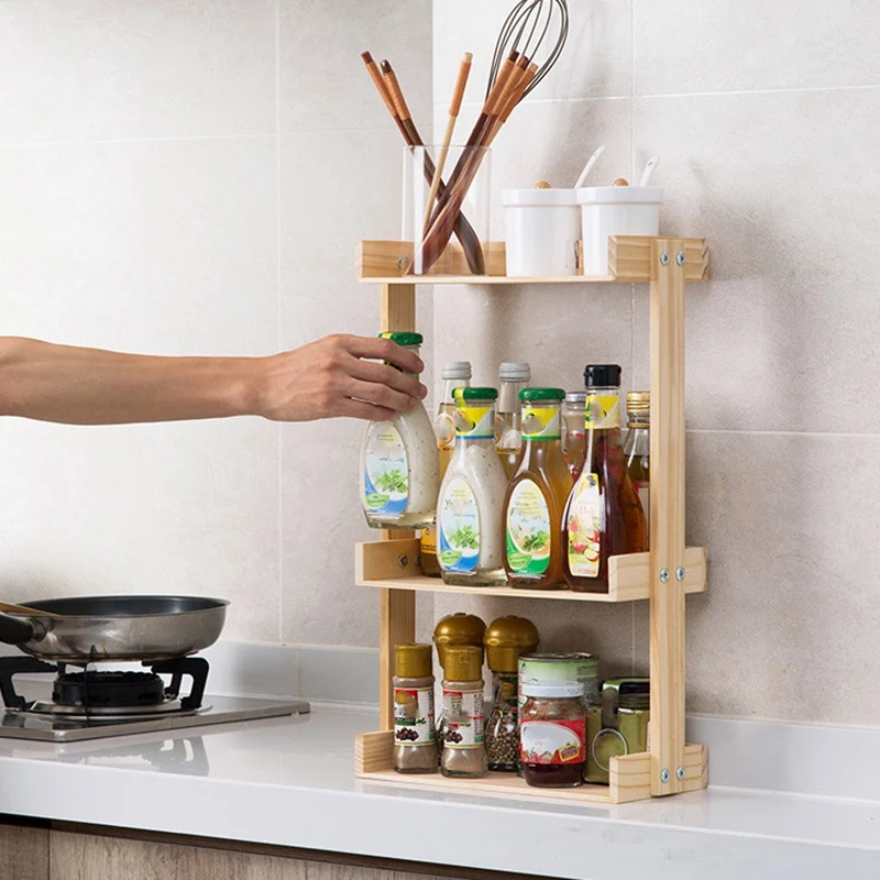 Wood Spice Rack Kitchen Multi-Function Countertop Seasoning Box Storage Rack Multi-Layer Condiment Holder
