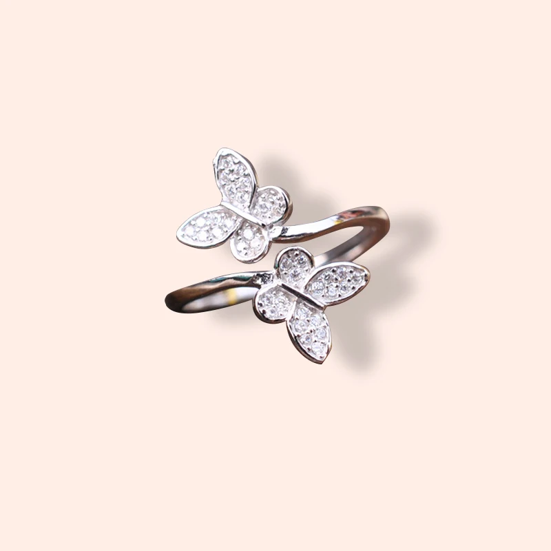 Женские новые модные кольца, регулируемые кольца на палец, ювелирные изделия серебряного цвета, стразы, подарок, кольца с двойной бабочкой для женщин