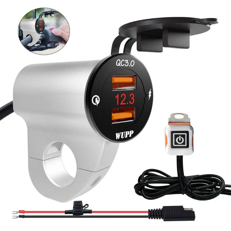 Металлический 12V мотоциклов Водонепроницаемый QC3.0 Dual USB быстрой Зарядное устройство Светодиодный переключатель вольтметра