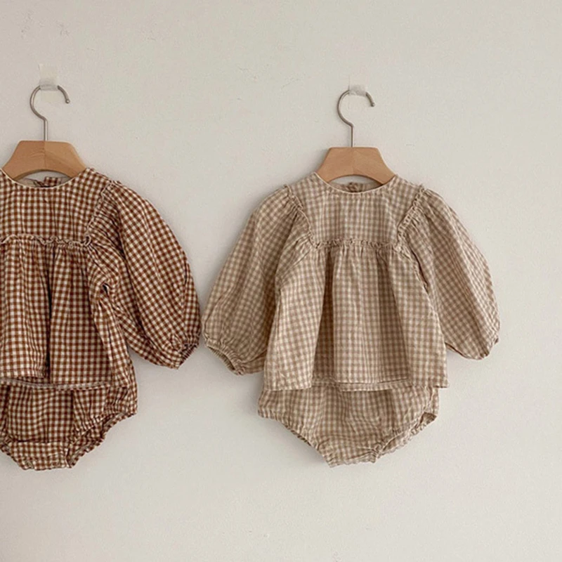 Baby Girls Suit 2022 Baby Girls Clothes Little Plaid Infant Girls Clothes Set Puff Sleeve Blouse + Bloomer 2pcs Toddler Clothes baby clothes mini set