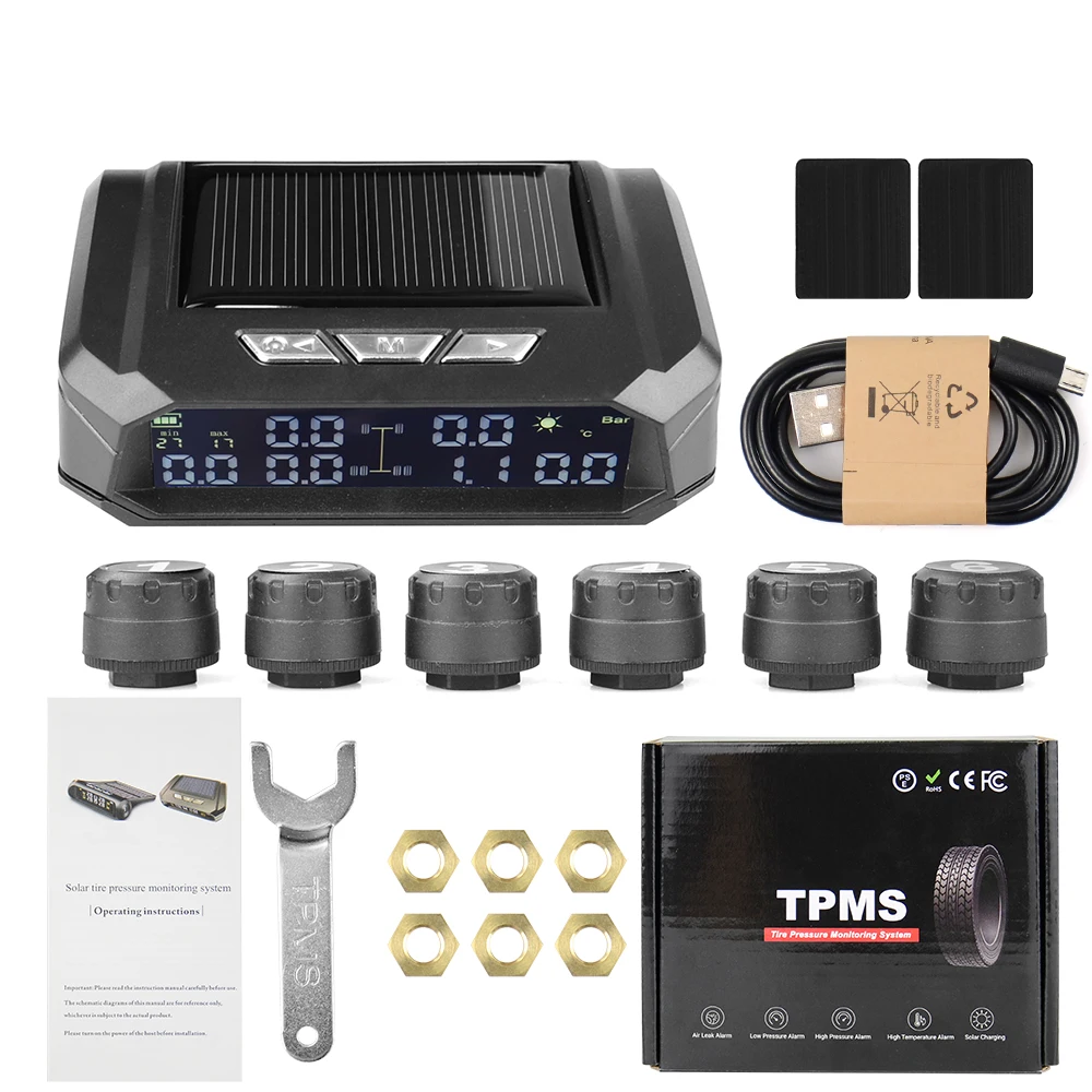 Truck Car TPMS Tire Pressure Monitoring System Auto Display Alarm Monitoring USB Charging Temperature Alert With 6 Sensors Car Tire Pressure Monitor