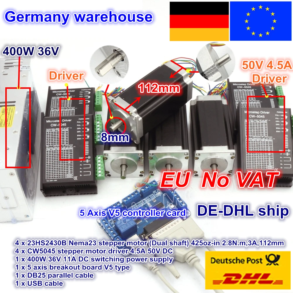 - EU Ship Free VAT CNC Controller 4 Axis CNC Kit NEMA23 425ozIn Dual Shaft Stepper Motor 256 Microstep 45A Driver