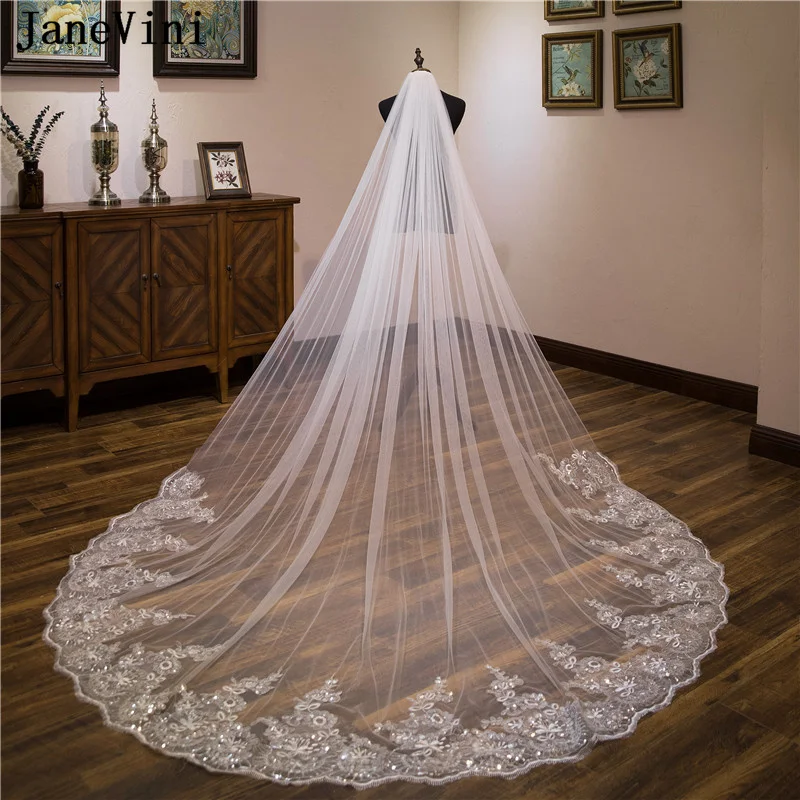 JaneVini 2021 Sequined Lace Appliqued Bridal Wedding Veils with Comb One Layer 3 Meters Long Cathedral Bride Veil Accessories