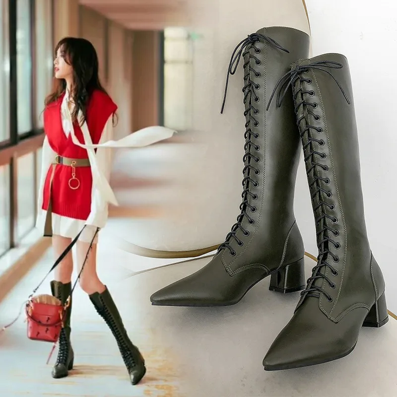 Bootee/Женская обувь года; женские ботинки; Роскошные зимние дизайнерские ботинки на шнуровке; пикантные женские ботфорты на высоком каблуке; модная пикантная обувь в стиле рок
