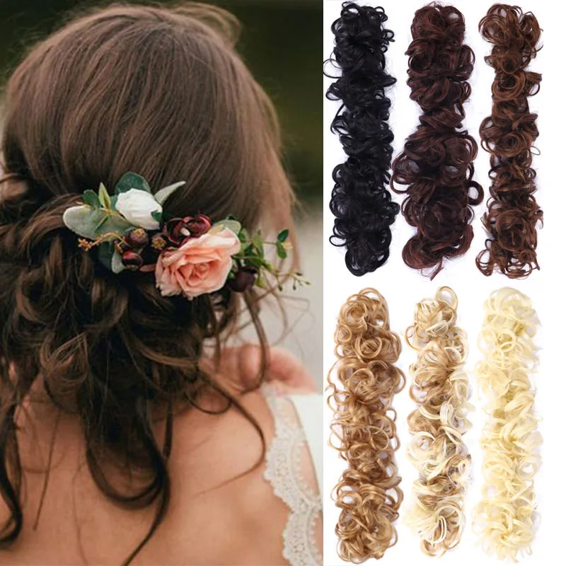 

DIANQI Synthetic curly bun with a rubber band tied around the bun and a ponytail wrapped around a woman's hair daily chignon