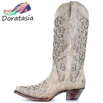 

DORATASIA Big Size 34-43 Women Square Toe Chunky Heels Crystal Shoes 2020 Concise Elegant Boots Women Mid Calf Boots