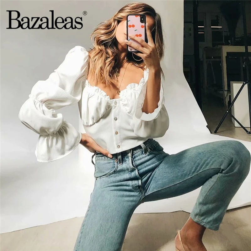 Bazaleas Франция белая блузка для женщин Винтаж с открытыми плечами blusa feminina расклешенная с длинным рукавом blusas Прямая поставка