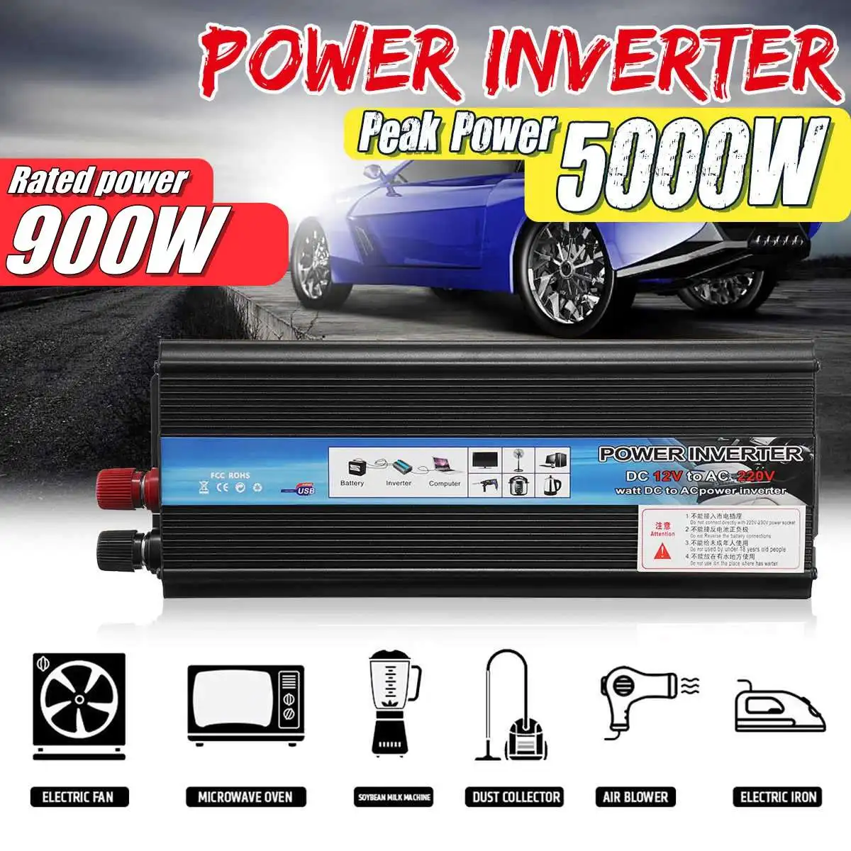 

Solar Power Inverter 12V 220V 5000W Car Power Inverter Voltage Transformer Converter 12V To 220V Solar Inversor Black Style