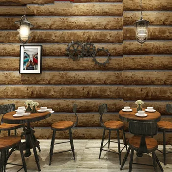 

3D Effect Retro Vintage Style Faux Wood Panel Vinyl Wallpaper Roll PVC Log Pattern Bar Background Decor Wall Paper