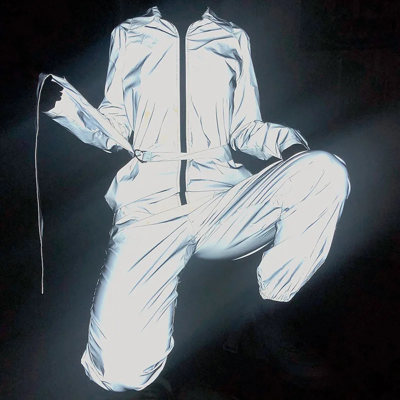 

2019 Reflective Cargo Jumpsuit Women Long Sleeve Autumn Zipper Romper With Belt Female Night Jersey Turn-down Plus Size Overalls