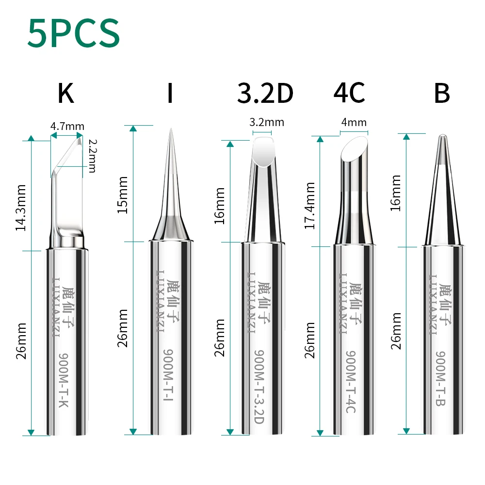 LUXIANZI 5PC 900M Soldering Iron Head Set I/B/K/2.4D/3C Copper Weding Tip For Solder Station Lead-free Electric Solder iron Tips soldering irons & stations Welding Equipment