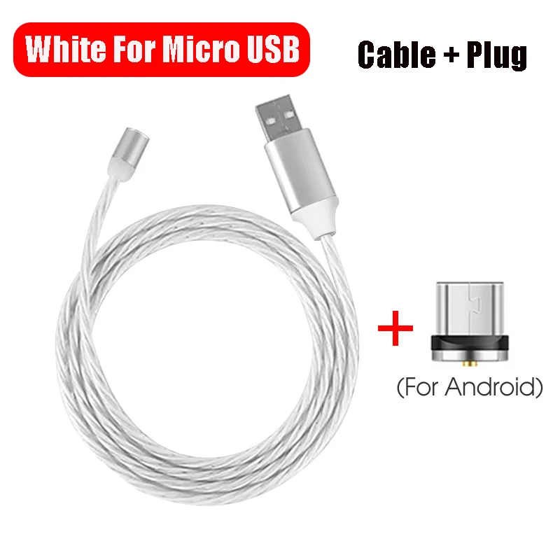 1 м Магнитный зарядный кабель для мобильного телефона Micro usb type C, светящийся светильник, провод для iphone, Samaung, huawei, светодиодный Kable - Цвет: White For Micro USB