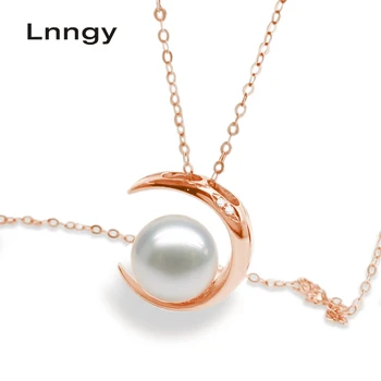 شراءLnngy الفاخرة 18K ارتفع الذهب القمر على شكل قلادة المعلقات لؤلؤ طبيعي من المياه النقية 7.5-8 مللي متر قلادة اللؤلؤ المستديرة المعلقات هدايا