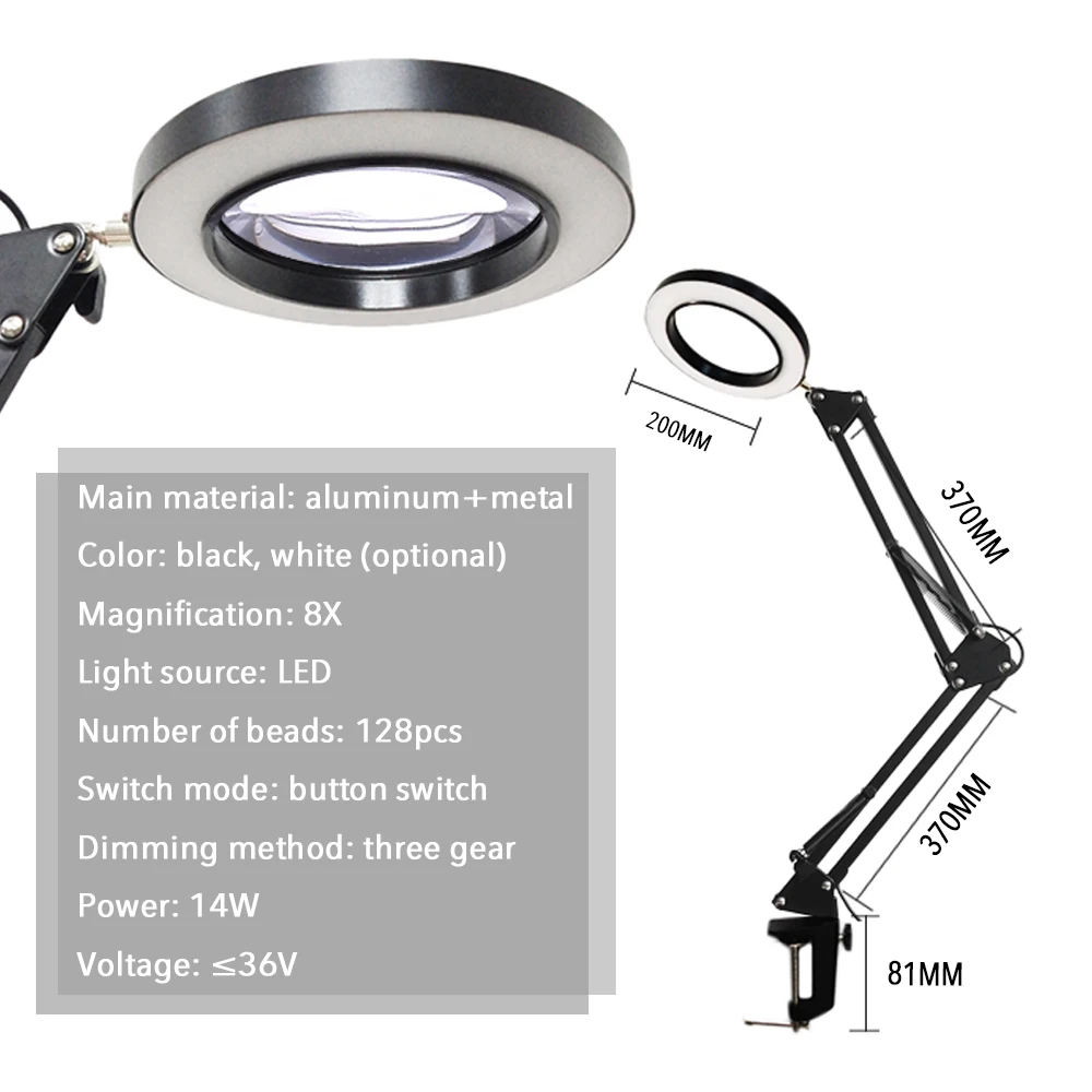 Профессиональный портативный 8X увеличительное стекло настольная лампа лупа со светодиодной подсветкой с зажимом три режима затемнения USB источник питания