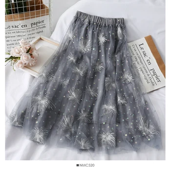 

Women Bead Work Embroidery Mesh Skirts Lady Fashion Bead Work Lace Skirts Femme Embroidery Skirt