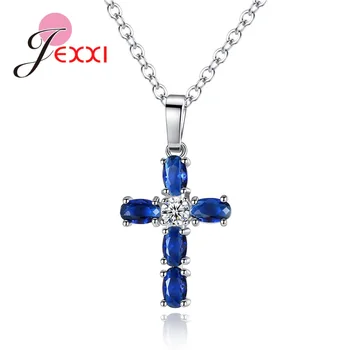 

Big Discount Genuine 925 Sterling Silver Necklace With Shiny Blue CZ Crystal Cross Pendant Latest Design Style Wholesale/Retail