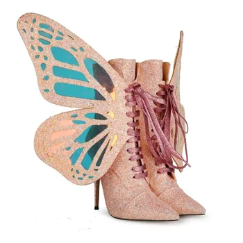 

US4-12 Womens Sequins Bling Match Colors Butterfly Wing Decor Ankle Boots Stilettos High Heel Lace Up Shoes 3Colors New 2020