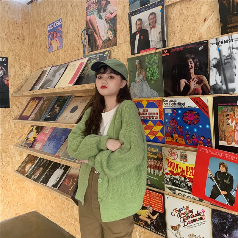 Женская одежда ulzzang кардиган пальто шикарный длинный рукав v-образный вырез корейский стиль свободные вязаные свитеры женские осенние новые модные популярные