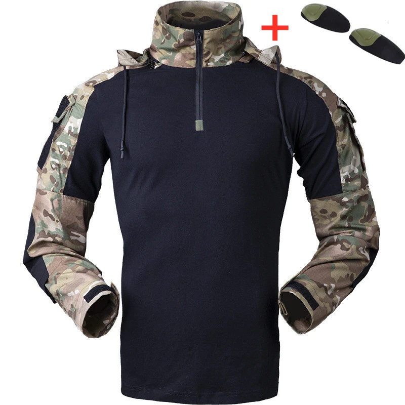 Gen3 Hooded Tactical Shirt Army Fans Outdoor Combat Training Uniforms Men Hiking CS Shooting Hunting Military Camouflage Shirts - Color: CP With Pads
