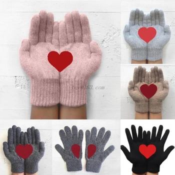 

Women Winter Faux Wool Thick Warm Knit Gloves Sweet Half Red Heart Irregular Patchwork Print Center Palm Outdoor Mittens