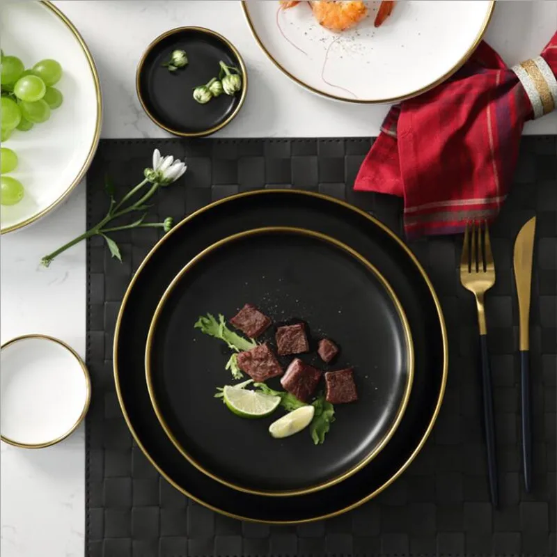 Ceramic Kitchen Plates Sets Gold Inlay Dinner Service Steak Plates Bowls Cake Salad Dish Serving Tray Dessert Tableware