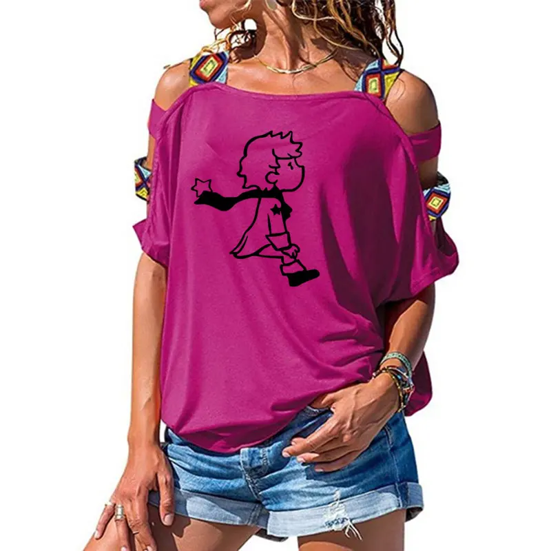 Женская футболка с коротким рукавом и милым маленьким принцем, летняя модная одежда, Женская Сексуальная футболка с открытыми плечами - Цвет: 17