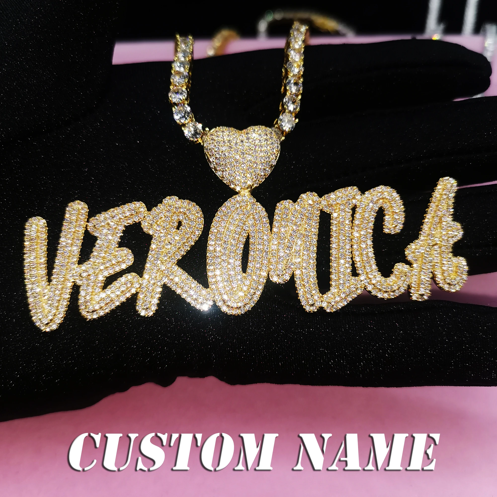 Personalized Cursive Name Necklace With Tennis Chain Custom Double-Layer Heart Bail Letters Pendant Gift For Her Birthday Gifts