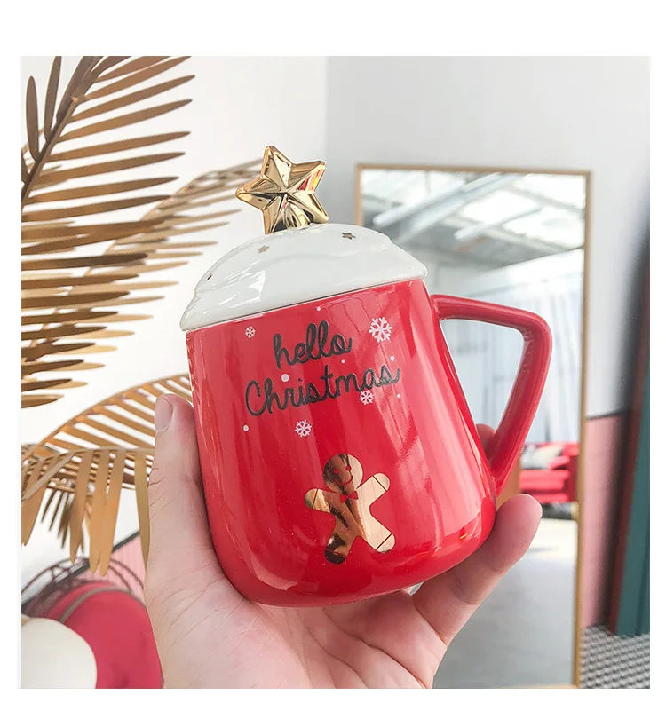 Креативные рождественские кофейные кружки, милая керамическая чашка с крышкой и ложкой, Студенческая Подарочная чашка, милые кружки