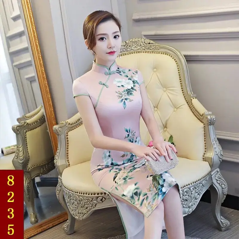 Новинка платье миди Cheongsam Qipao сезон: весна–лето платье Для женщин Элегантный принт женское платье модельные вечерние традиционное китайское платье Vestidos - Цвет: 8235