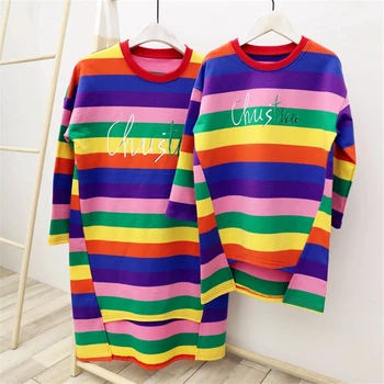 

Mommy And Daughter Matching Clothes Dress Korean Casual Rainbow Stripes Long Sleeve Sweatshirt Dresses Mommy And Me Outfits 2019