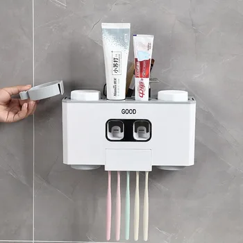 

Small Number Creative Tooth Glass Suit Hole-Free Suction Wall Toothpaste Artifact Toothbrush Storage Rack