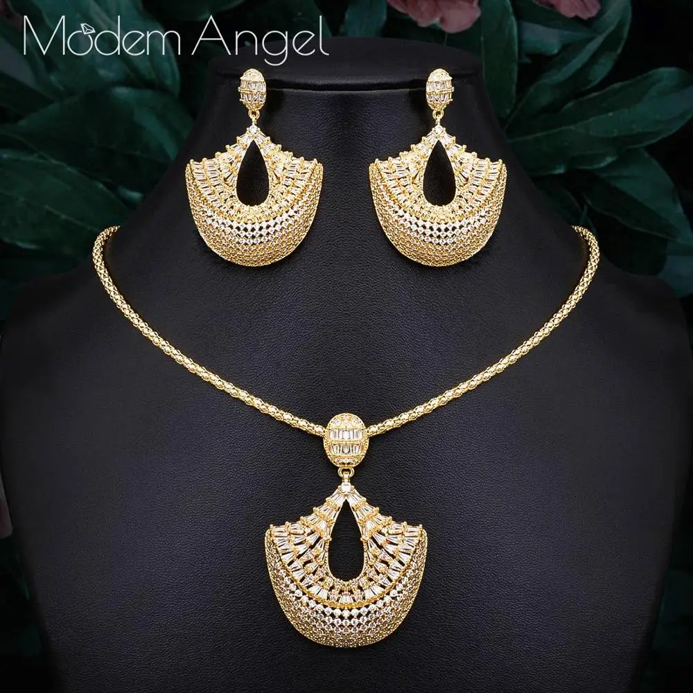 gold ModemAngel, модные серьги в виде веера, кулон, набор для женщин, аксессуары, полный кубический цирконий, серьги, ювелирные изделия, pendientes mujer moda - Окраска металла: gold