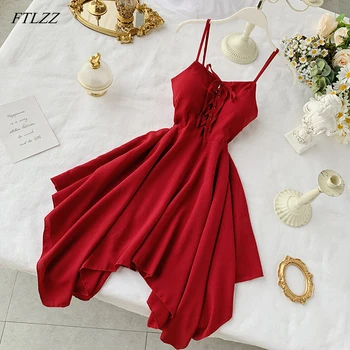

FTLZZ New Fashion Women's Clothing Adult French Dress Summer Sexy Strapless Strap High Waist Irregular Spaghetti Strap Dresses