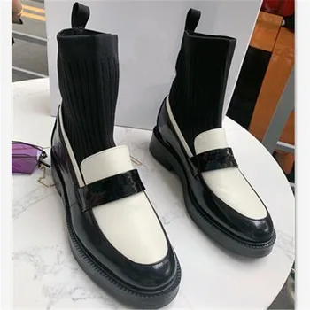 

Oxford Boots Women Leather Sock ботинки женские Stretch Shoes Woman Patchwork Zapatos De Mujer Flat сапоги женские Slip On Boots