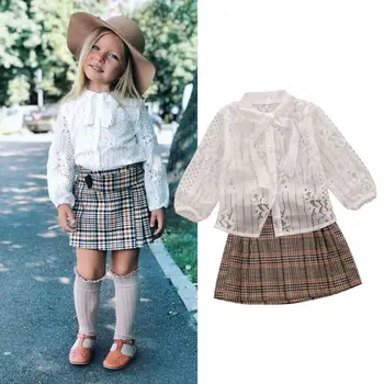 

1-6Y Cute Toddler Kid Baby Girl Clothes Set Bow Button White Lace Tops T-shirt Plaid Print Skirt 2Pcs Outfits Clothes Casual Set