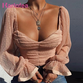 

Kealofea New Sweet Polka Dots Shirts Women Cute Square Neck Sheer Mesh Crop Tops Elegant Streetwear Vintage Long Sleeve Blouse