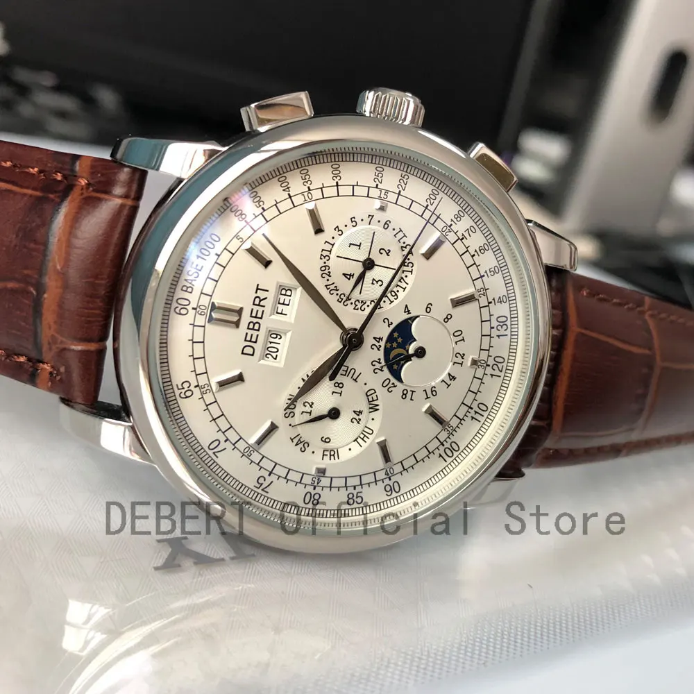 Najtaniej Top marka 42mm Debert mechaniczne zegarki na rękę faza księżyca biała tarcza srebrny rok dzień miesiąc tydzień 316L SS Case automatyczny zegarek mężczyzn