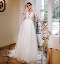 

Princess Long Sleeve V-Neck Organza Tulle 2021 A-line Charming For Women Bridal Gown Robe De Mariee Organza Court Train Lace