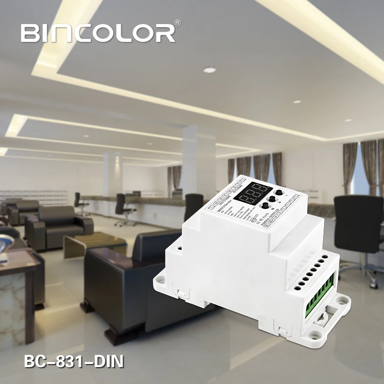 

BC-831-DIN DC12-24V input 10A*1CH output,Constant voltage DIN Rail DMX512 Decoder digital tube display for led strip light tape