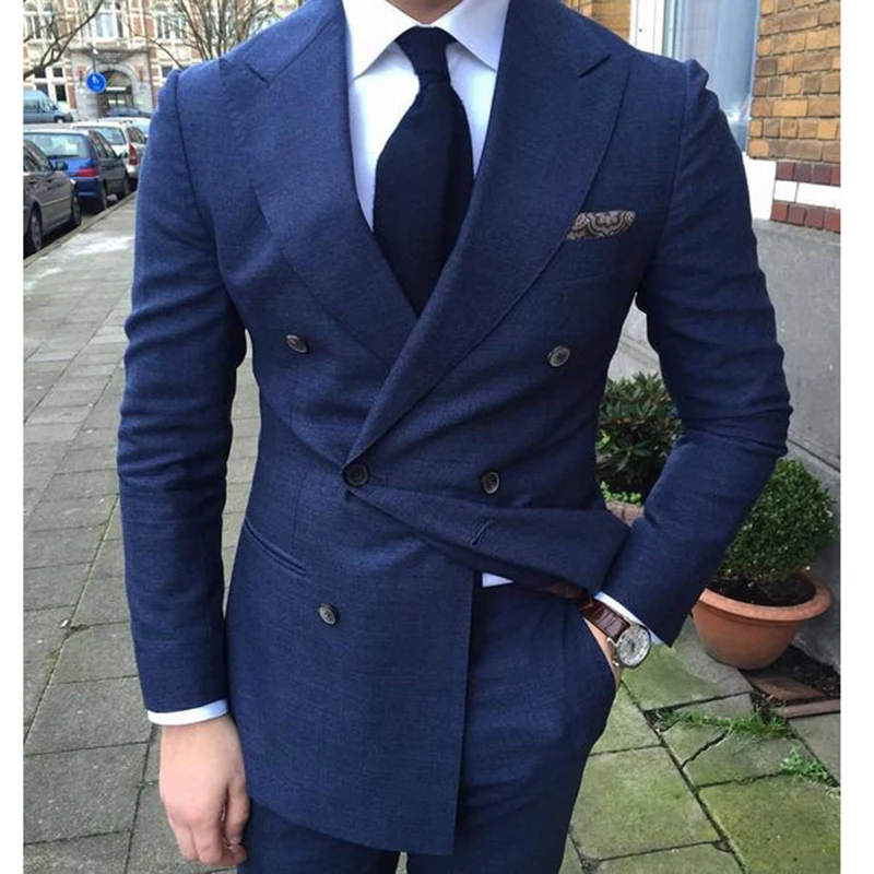 2 Pieces Peak Lapel Dark Blue Double Breast Business Groom Tuxedos Tailor Made Men Suit Wedding Best Man Blazer(Jacket+Pant Tie custom made groomsmen groom tuxedos dark blue men suits wedding best man blazers smart casual men suit 2019 jacket pants vest