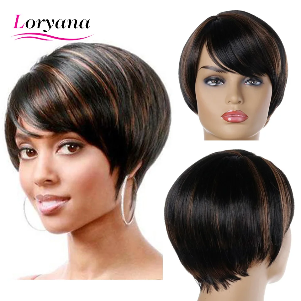 Lorana-pelo sintético negro y marrón para mujer, flequillo oblicuo natural realista, pelucas de pelo sintético liso corto natural