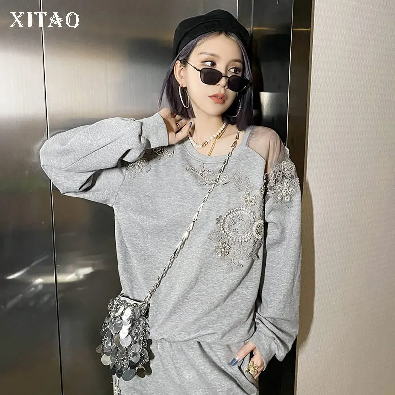 XITAO Patchwork Mesh Sequins Sweatshirt Women 2020